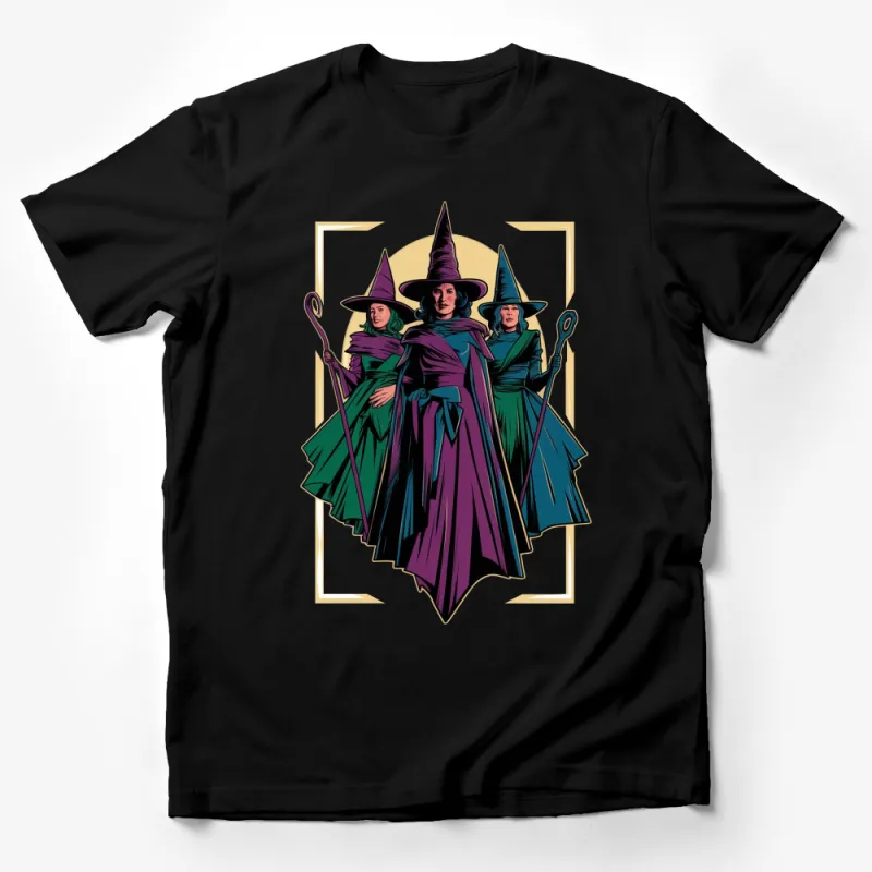 Colorful Witch Trio T-Shirt, Vintage Comic Style Witch Art, Unique Halloween Apparel Male T-Shirt