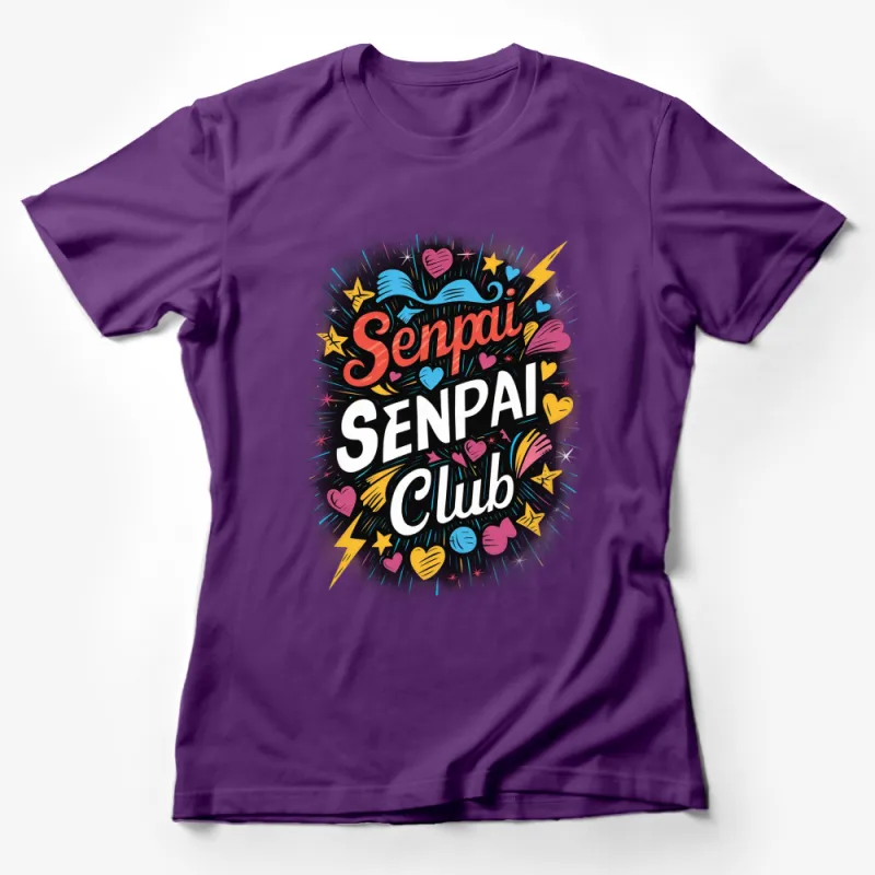 Senpai Club Graphic T-Shirt, Vibrant Anime Style Top, Colorful Heart and Lightning Design, Unisex Fashion Female T-Shirt