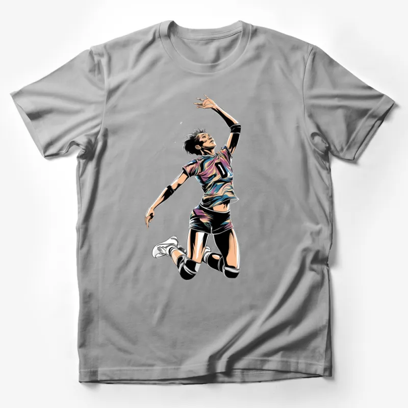 Dynamic Volleyball Player Jump Serve Graphic T-Shirt, Colorful Athletic Tee for Sports Fans Male T-Shirt