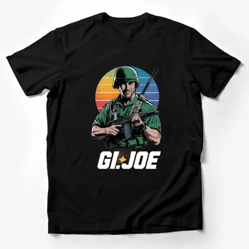 Vintage GI Joe Action Figure Graphic T-Shirt, Retro Military Hero Tee, Colorful Circle Background Male T-Shirt