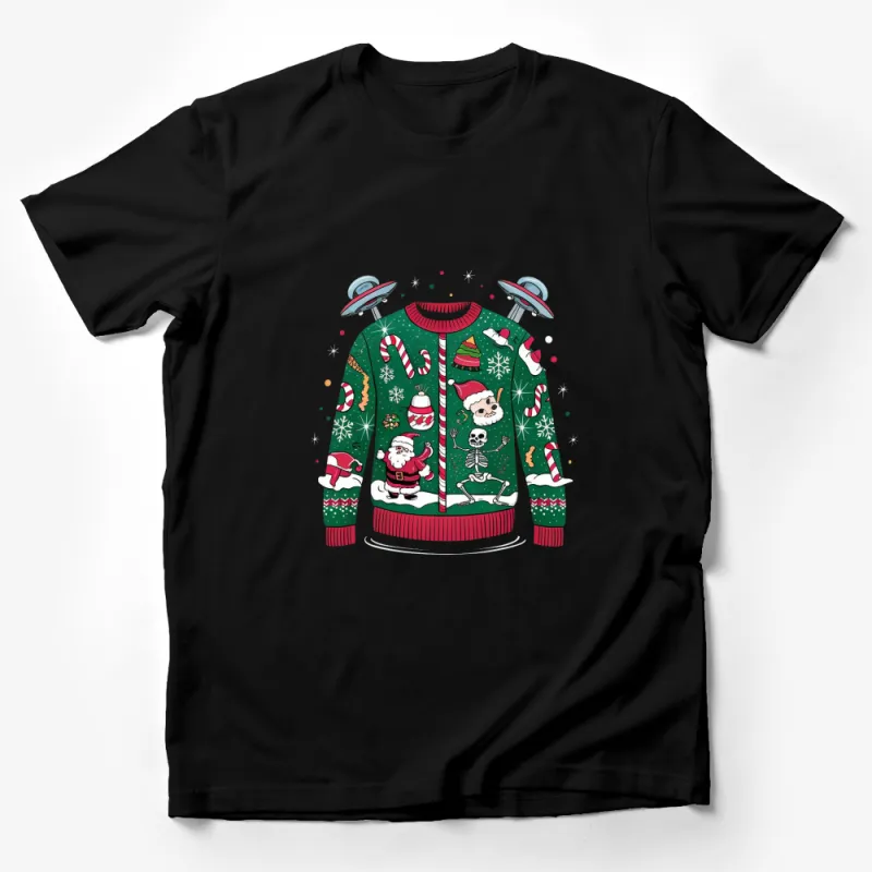 Ugly Christmas Sweater T-Shirt, Festive Holiday Tee, Santa Skeleton, Aliens, Candy Canes Male T-Shirt