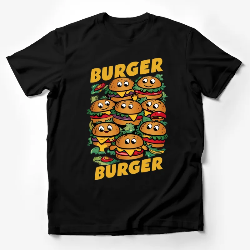 Cartoon Burger Stack Fun T-Shirt, Colorful Foodie Graphic Tee, Unisex Adult and Kids Sizes Male T-Shirt