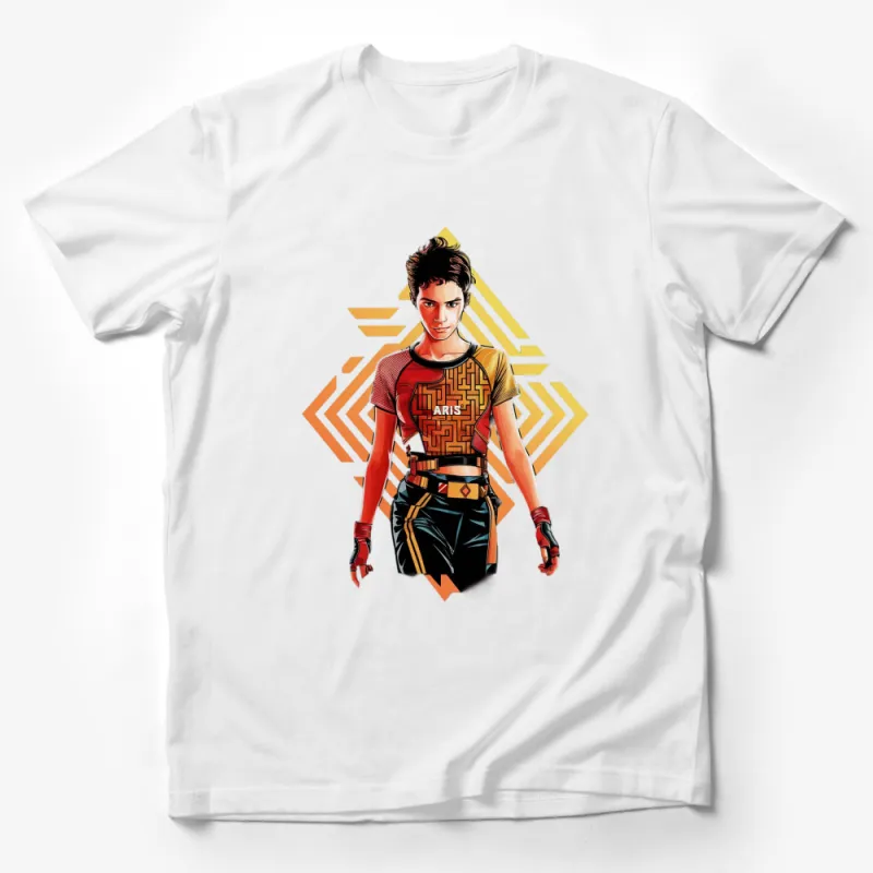 Retro Futuristic Warrior Woman Graphic T-Shirt, Bold Colors, Modern Sci-Fi Design, Artistic Casual Wear Male T-Shirt