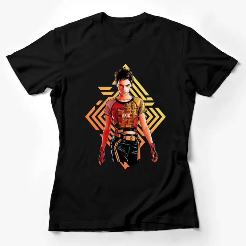 Retro Futuristic Warrior Woman Graphic T-Shirt, Bold Colors, Modern Sci-Fi Design, Artistic Casual Wear Female T-Shirt