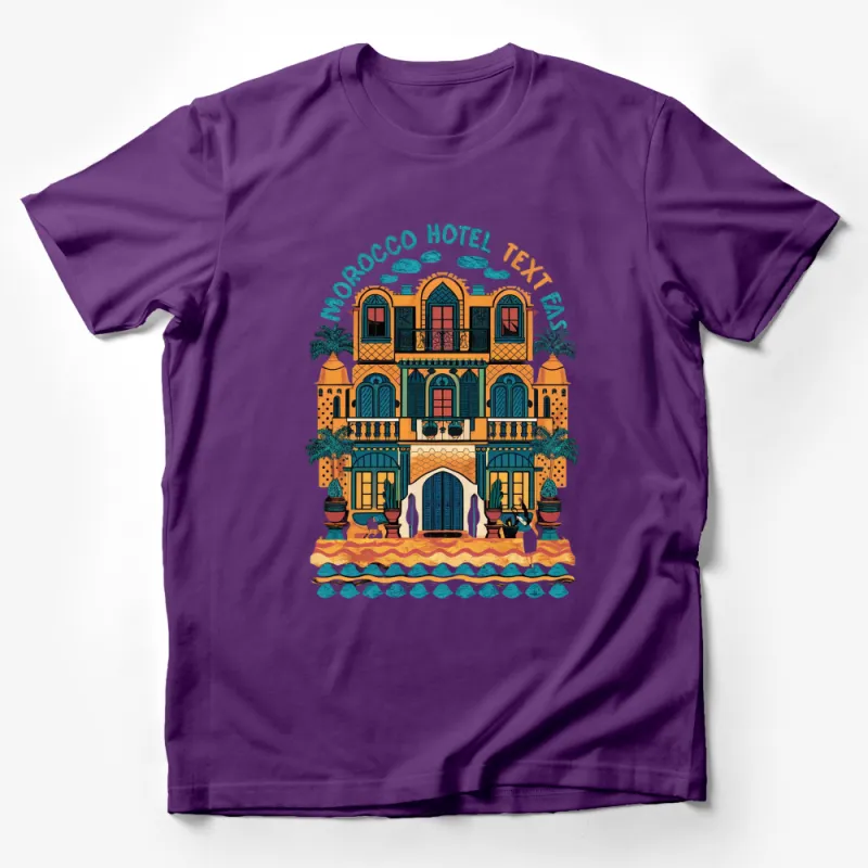 Moroccan Hotel Graphic T-Shirt, Colorful Architecture Art Tee, Unique Travel Inspired Clothing, Unisex Male T-Shirt