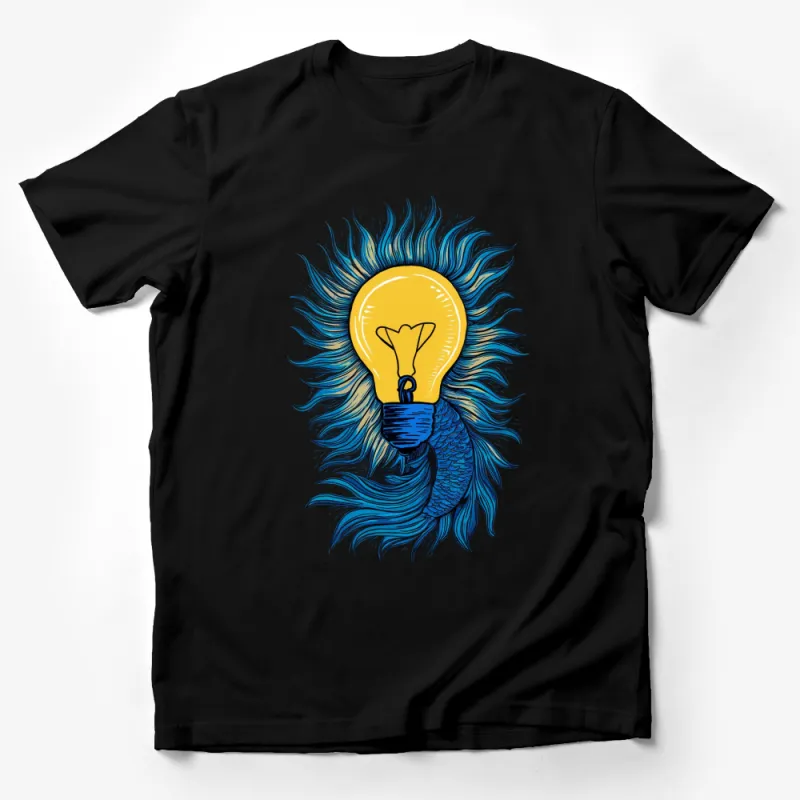 Light Bulb Fish Tail Artistic Design T-Shirt, Blue Yellow Graphic Tee, Unisex Clothing Male T-Shirt