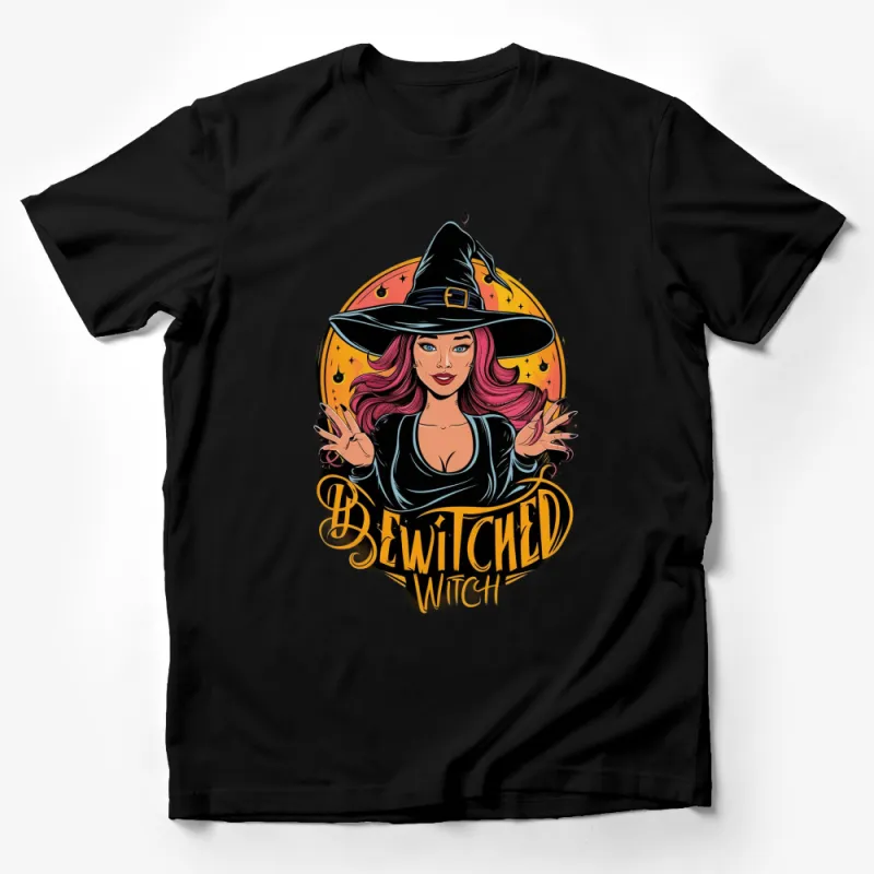 Bewitched Witch Graphic T-Shirt, Halloween Witchy Tee, Spooky Fashion, Magic Lover Gift, Black and Pink Male T-Shirt