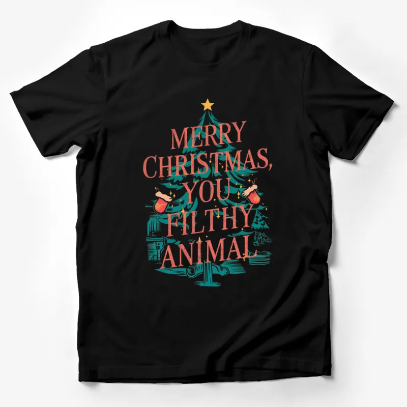 Merry Christmas You Filthy Animal T-Shirt, Festive Holiday Tee, Funny Quote Christmas Tree Design Male T-Shirt