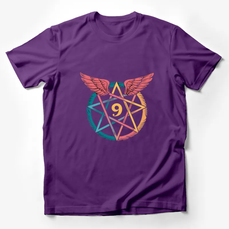 Mystical Number Nine with Wings and Star Graphic T-Shirt, Colorful Art Tee for All Male T-Shirt