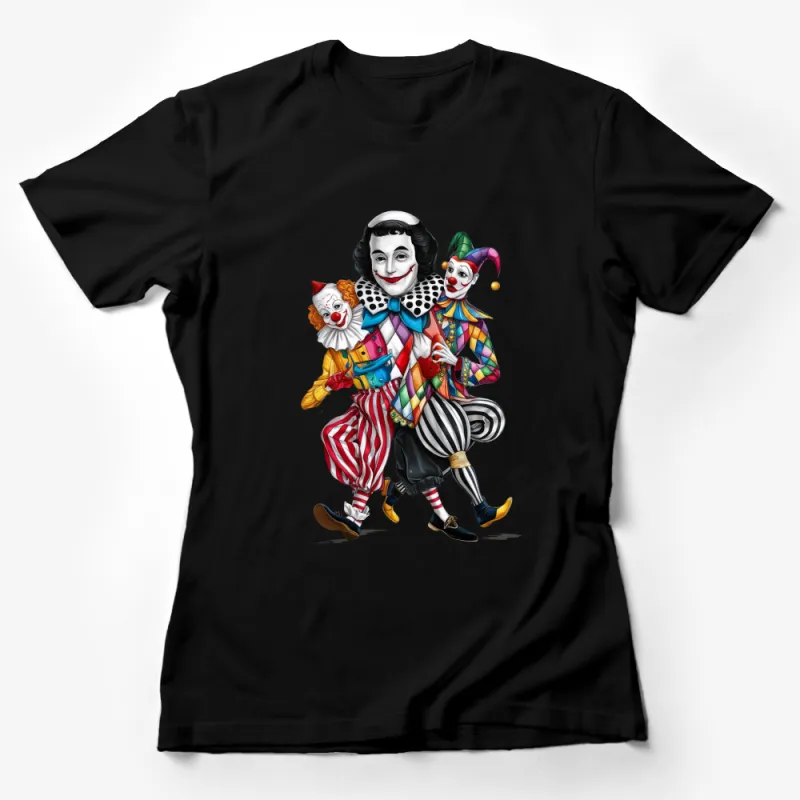 Colorful Clown Trio Vintage Circus Theme T-Shirt, Fun Family Circus Outfit, Unique Party Tee Female T-Shirt