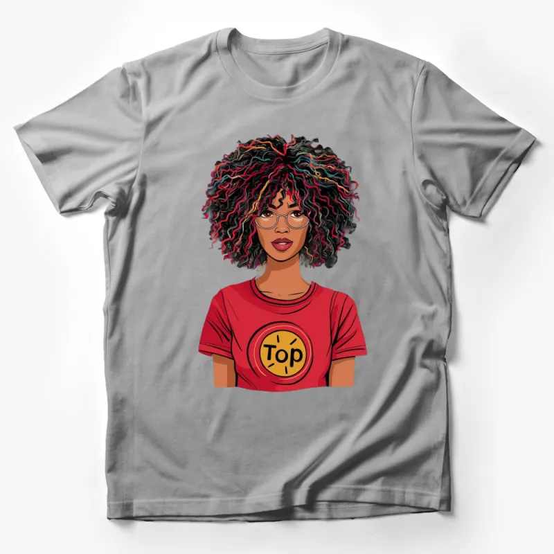 Trendy Afro Art T-Shirt, Colorful Curly Hair Graphic, Casual Red Top, Unique Fashion Statement Male T-Shirt