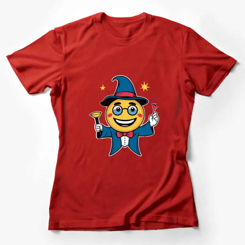 Cute Wizard Emoji T-Shirt with Magic Wand and Stars, Fun Cartoon Graphic Tee for All Ages Female T-Shirt