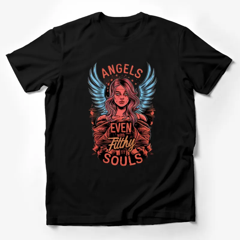 Angel Wings Graphic T-Shirt, Vintage Style Angelic Art, Inspirational Quote Top, Even With Filthy Souls Design Male T-Shirt