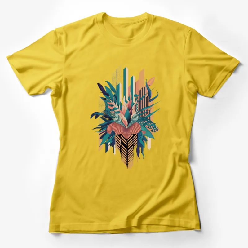 Abstract Art T-Shirt, Colorful Geometric and Tropical Plant Design, Unique Graphic Tee, Artist Inspired Fashion Female T-Shirt