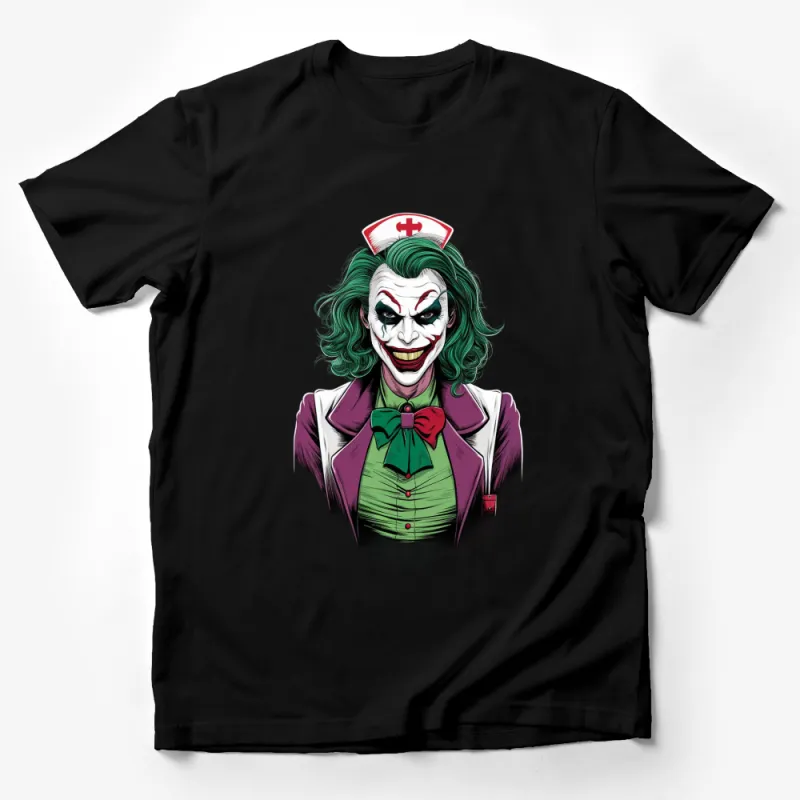 Joker Nurse Costume Graphic Tee, Comic Villain Inspired T-Shirt, Unique Halloween Apparel Male T-Shirt