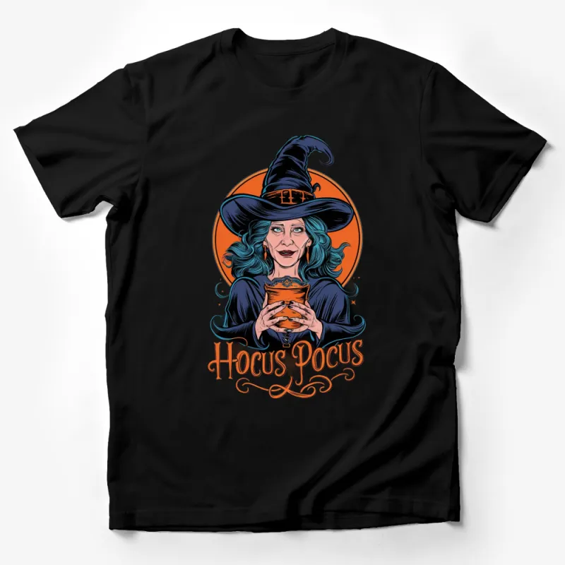 Hocus Pocus Witch T-Shirt, Blue Hair Witch with Cauldron, Halloween Graphic Tee, Magic and Spells Shirt Male T-Shirt