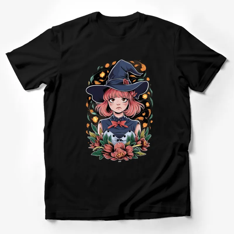 Anime Witch Girl T-Shirt, Cute Sorceress with Flowers, Manga Style Graphic Tee, Unique Gift for Teens Male T-Shirt