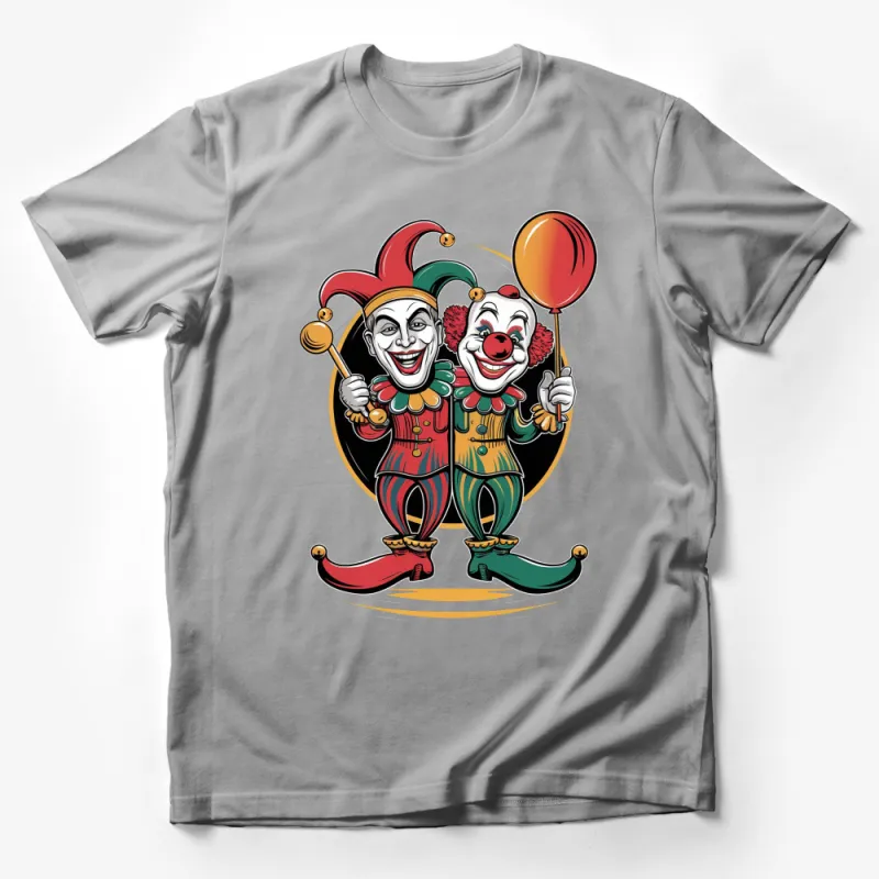 Colorful Clown Duo T-Shirt, Vintage Circus Art, Jester and Clown with Balloons Graphic Tee, Unisex Male T-Shirt