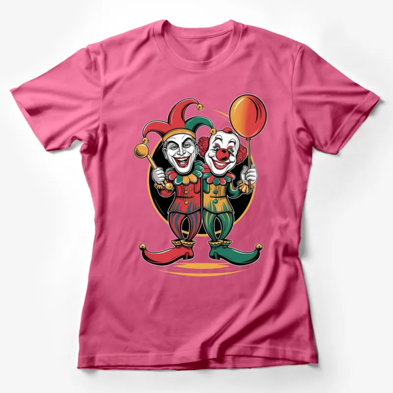 Colorful Clown Duo T-Shirt, Vintage Circus Art, Jester and Clown with Balloons Graphic Tee, Unisex Female T-Shirt