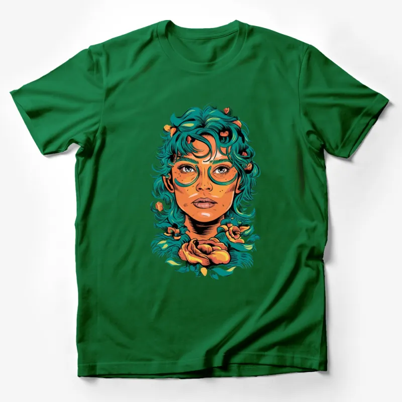 Colorful Graphic T-Shirt With Artistic Female Portrait, Tropical Fantasy, Unique Illustration, Vibrant Fashion Top Male T-Shirt