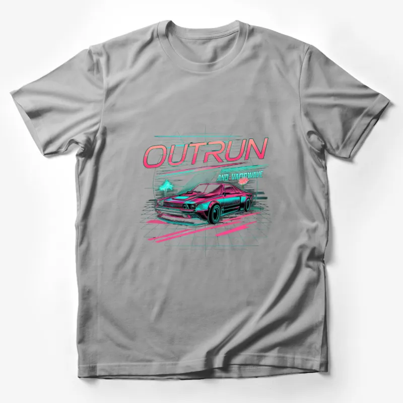 Retro Outrun and Vaporwave Style Car Graphic T-Shirt, Teal and Pink Vintage Automobile Male T-Shirt