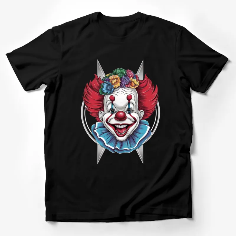 Colorful Clown Face T-Shirt, Funny Circus Clown with Flowers, Unisex Graphic Tee for All Ages Male T-Shirt