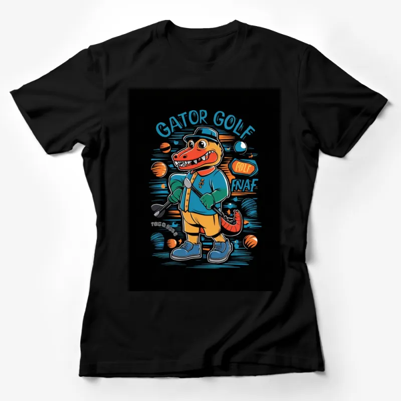 Gator Golf Cartoon T-Shirt, FNAF Inspired Alligator Golfing Tee, Unisex Graphic Tee for Golf Fans Female T-Shirt