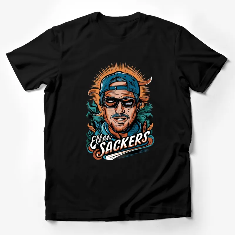 Ethan Sackers Graphic Tee, Cool Man Illustration with Beard, Blue Hat, Glasses, Stylish Casual Wear Male T-Shirt