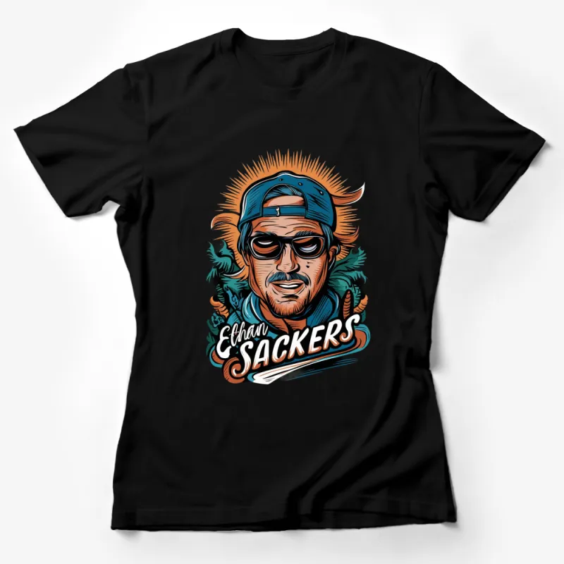 Ethan Sackers Graphic Tee, Cool Man Illustration with Beard, Blue Hat, Glasses, Stylish Casual Wear Female T-Shirt