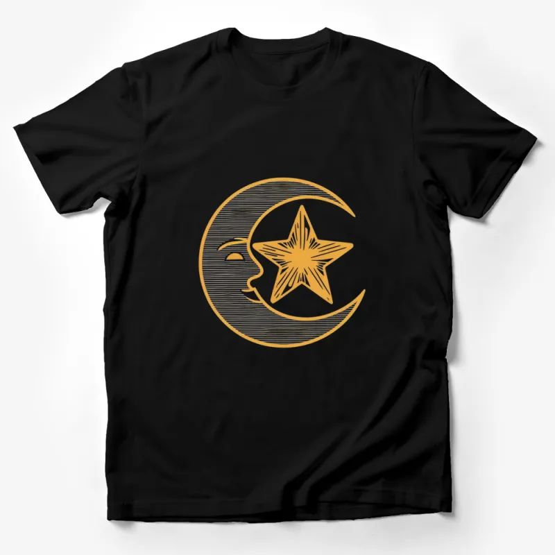 Vintage Star and Moon Design T-Shirt, Artistic Golden Print, Casual Wear, Unisex Tee Male T-Shirt