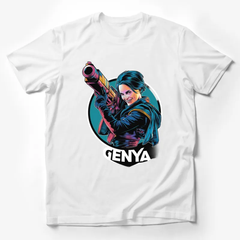 Colorful Genya Graphic T-Shirt, Vibrant Comic Style Female Warrior Tee, Unique Illustrated Sci-Fi Apparel Male T-Shirt