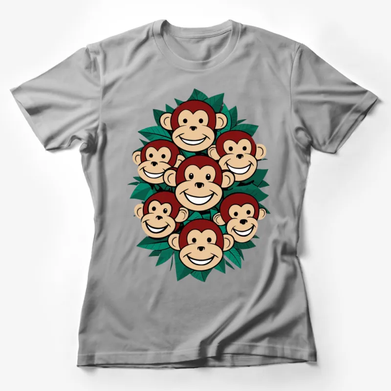 Jungle Monkey Faces T-Shirt, Cute Animal Graphic Tee, Green Leafy Background, Unisex Female T-Shirt