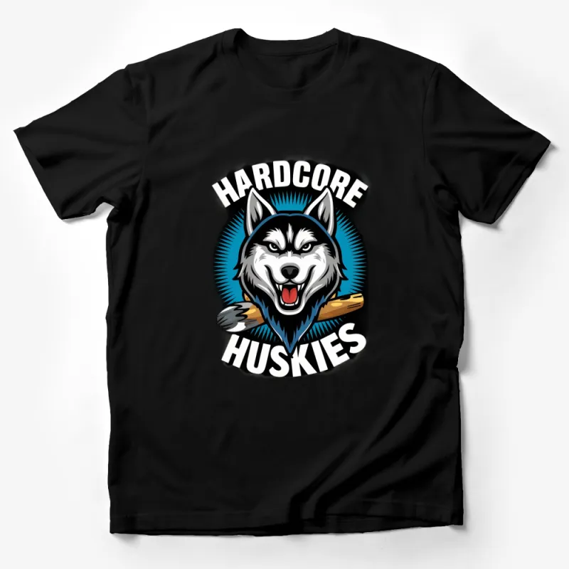 Hardcore Huskies Graphic T-Shirt, Cool Husky Dog Mascot Tee, Sports Team Fan Shirt Male T-Shirt