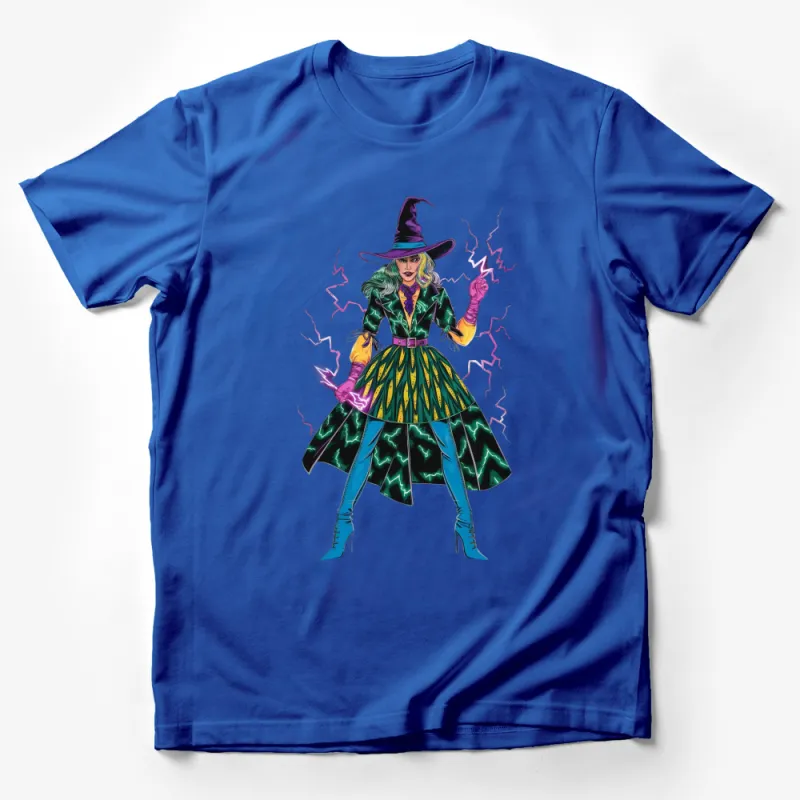 Witch Art T-Shirt, Vibrant Witch Illustration, Female Witch with Lightning Bolts, Unique Halloween Graphic Tee Male T-Shirt