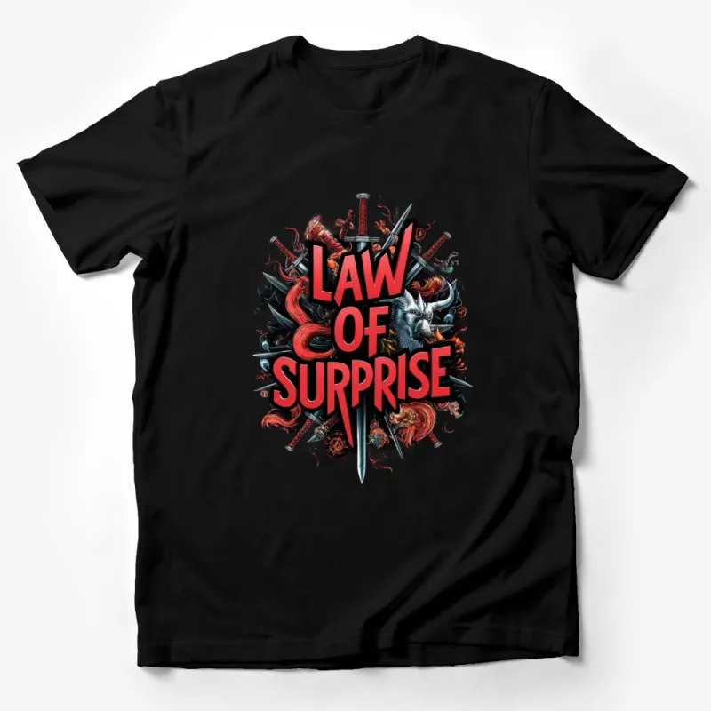 Law of Surprise Graphic T-Shirt, Bold Red Text, Swords and Dragons Design, Fantasy Gamer Apparel Male T-Shirt