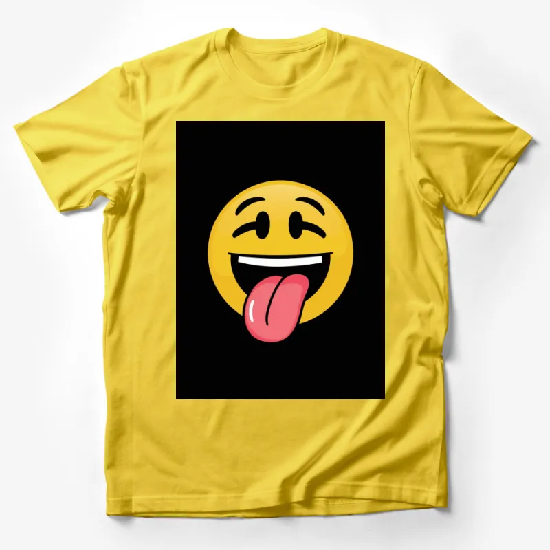 Funny Face Emoji T-Shirt, Smiling Wink with Tongue Out, Casual Graphic Tee, Black Background, Unisex Male T-Shirt