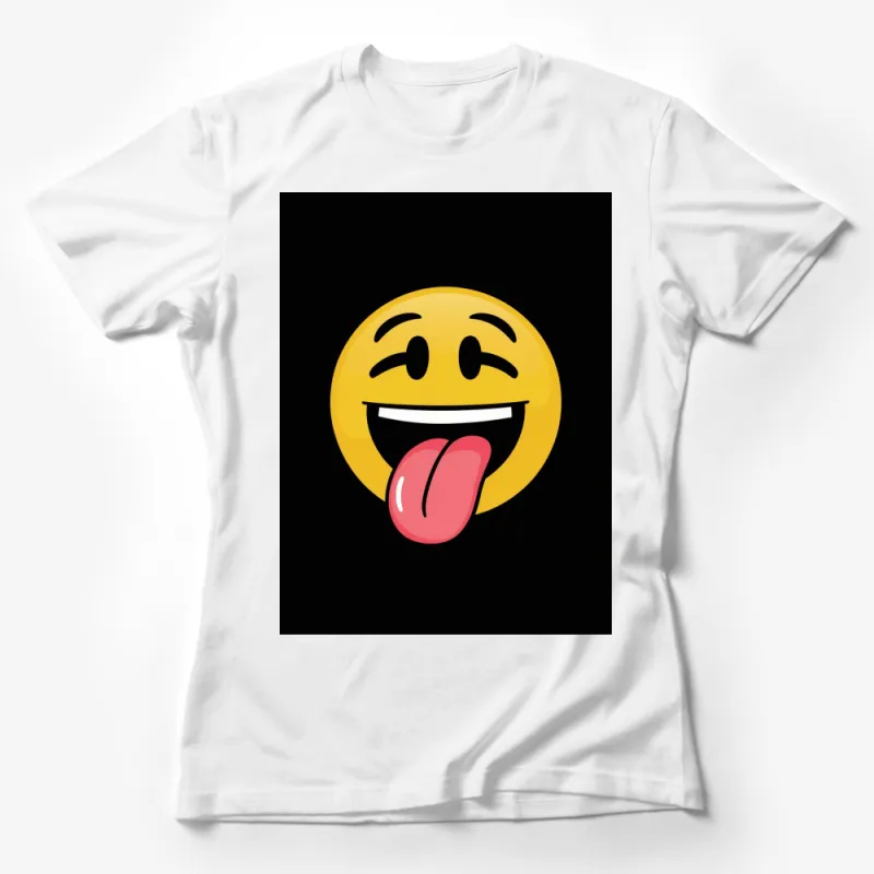 Funny Face Emoji T-Shirt, Smiling Wink with Tongue Out, Casual Graphic Tee, Black Background, Unisex Female T-Shirt