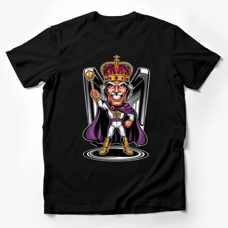 King Cartoon T-Shirt, Regal Monarch Graphic Tee, Purple Royal Robe, Crown and Scepter Shirt Male T-Shirt