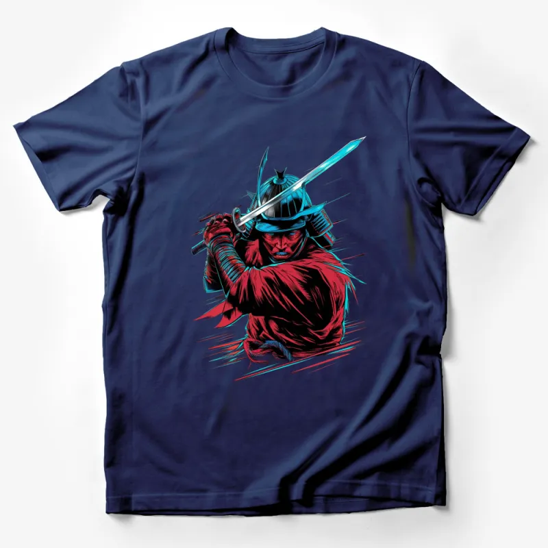 Samurai Warrior T-Shirt, Red and Blue Japanese Ronin Art, Unique Graphic Tee, Men's Fashion, Urban Street Style Clothing Male T-Shirt