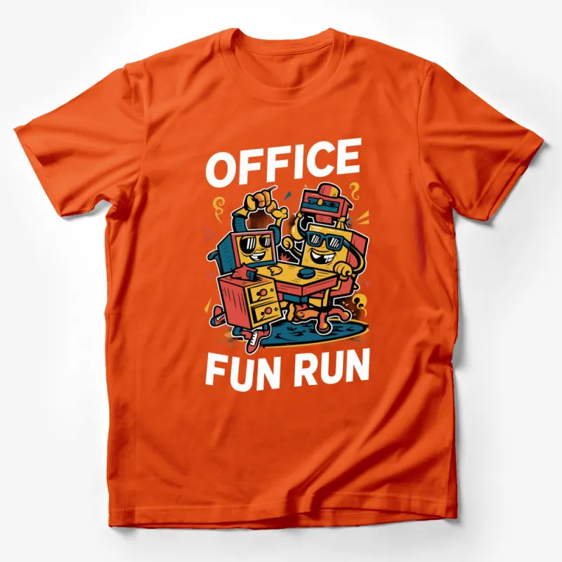 Office Fun Run T-Shirt, Colorful Cartoon Office Supplies Graphic Tee, Vibrant Casual Work Apparel Male T-Shirt