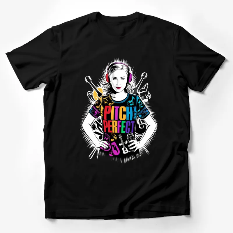 Vibrant Music Lover T-Shirt, Pitch Perfect Graphic Tee, Artistic Design with Headphones Male T-Shirt