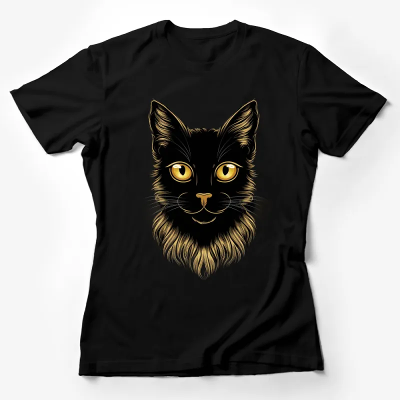 Black and Golden Cat Face T-Shirt, Cute Feline Graphic Tee, Unisex Cat Lover Gift Idea Female T-Shirt