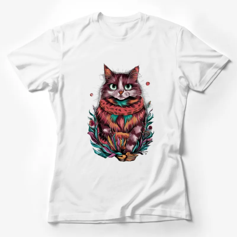 Colorful Cat T-Shirt, Vibrant Boho Cat with Scarf, Unique Cat Lover Gift, Graphic Tee for Women and Men Female T-Shirt