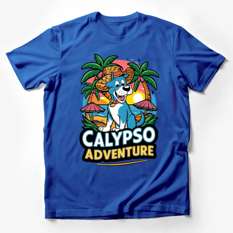 Calypso Adventure Tropical Dog T-Shirt with Palm Trees, Summer Beach Style Tee, Colorful Graphic Shirt for Dog Lovers Male T-Shirt