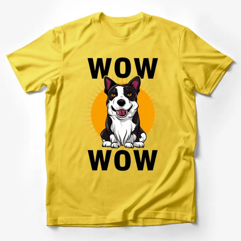 Cartoon Dog T-Shirt with WOW Caption, Cute Black and White Dog Graphic Tee, Unisex Male T-Shirt