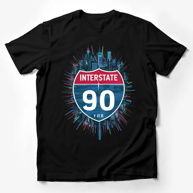 Interstate 90 Sign New York City Skyline Graphic T-Shirt, Urban Style Tee, Travel Inspired Apparel Male T-Shirt