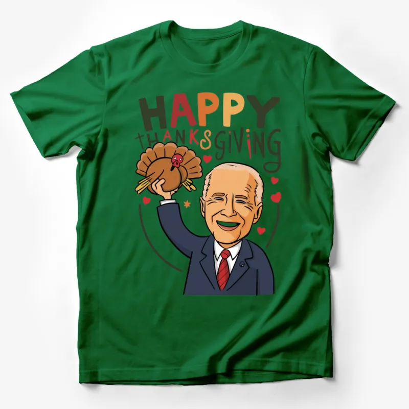 Happy Thanksgiving T-Shirt with Cartoon Turkey and Smiling Man, Festive Holiday Tee Male T-Shirt