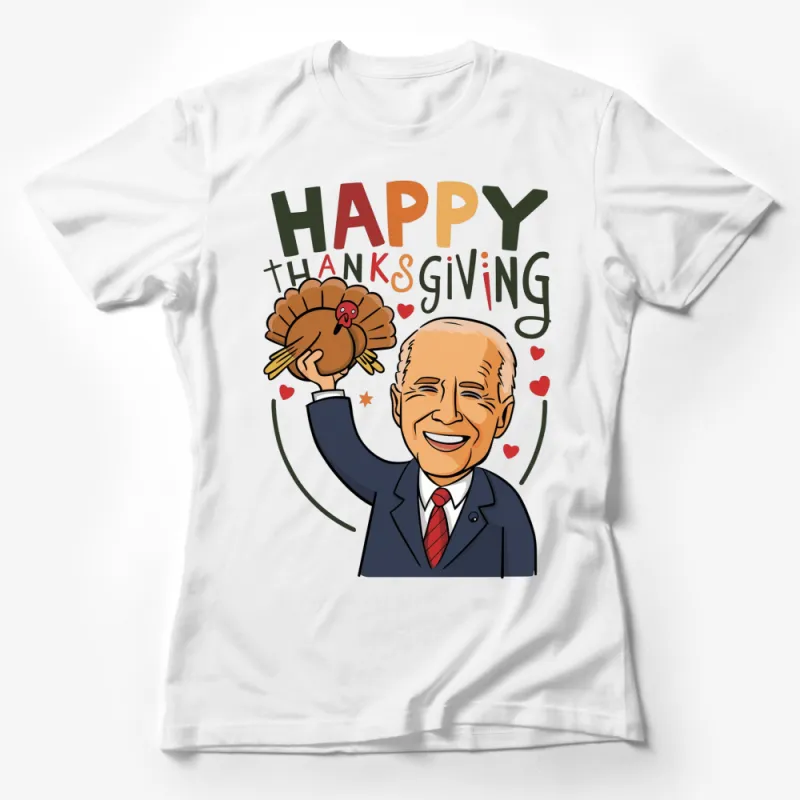 Happy Thanksgiving T-Shirt with Cartoon Turkey and Smiling Man, Festive Holiday Tee Female T-Shirt