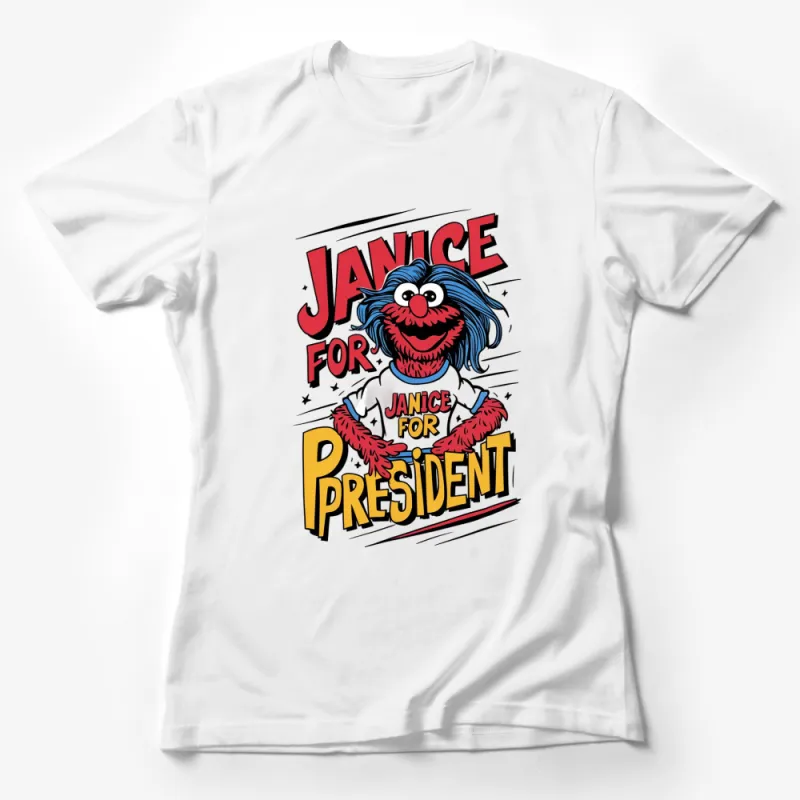 Janice For President Colorful Graphic T-Shirt, Cartoon Style, Fun Political Campaign Tee Female T-Shirt