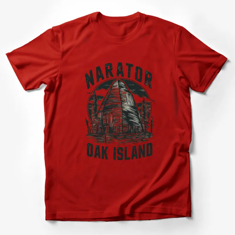 Oak Island Narator Cabin Design T-Shirt, Vintage Woodsy Graphic Tee, Unisex Outdoor Adventure Shirt Male T-Shirt